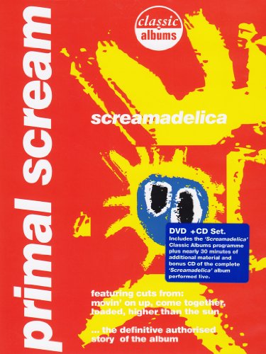 DVD cover for Primal Scream’s “Screamadelica” with yellow and red design.