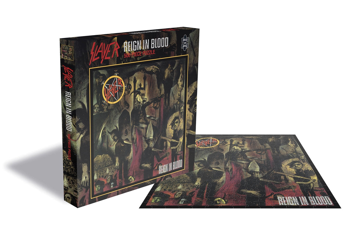 Slayer Reign in Blood 500-piece jigsaw puzzle box and completed puzzle image.