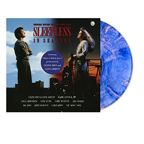 Sleepless In Seattle" soundtrack vinyl record with a sunset-colored disc and cover art.