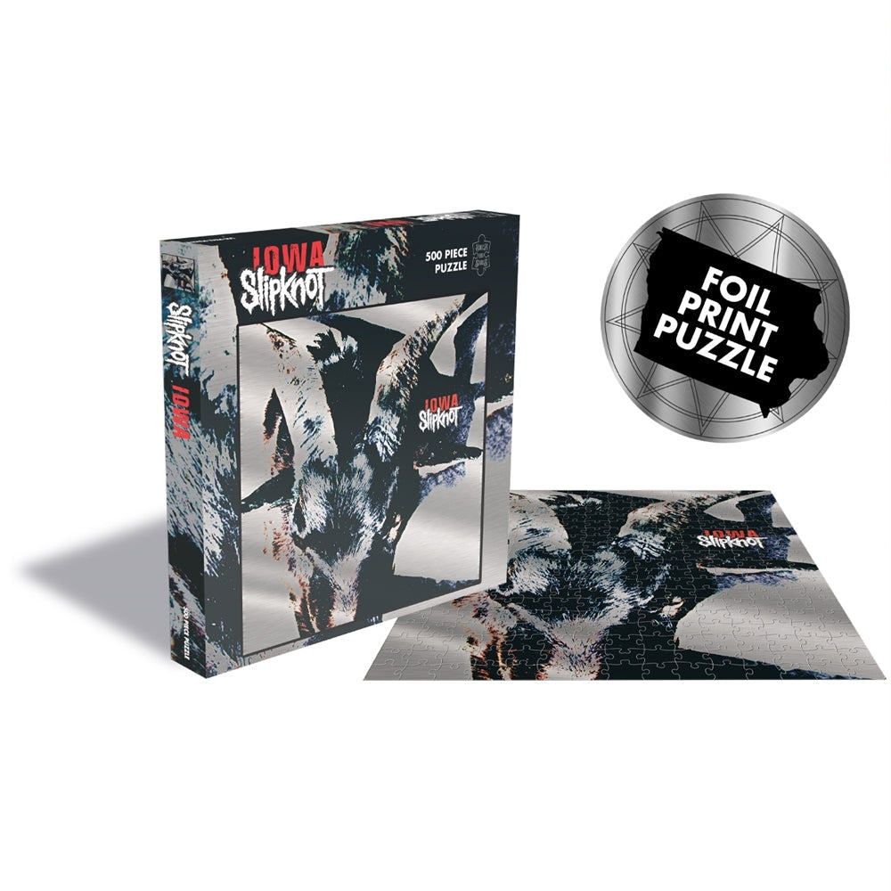 Slipknot "Iowa" foil jigsaw puzzle box and partially completed puzzle shown.