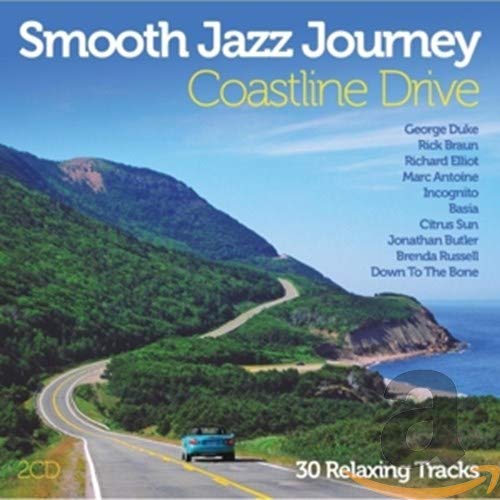 CD cover featuring a blue car driving along a coastal road by green hills.