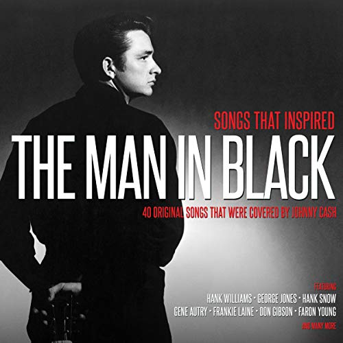 Black and white portrait of Johnny Cash holding a guitar on a music album cover.