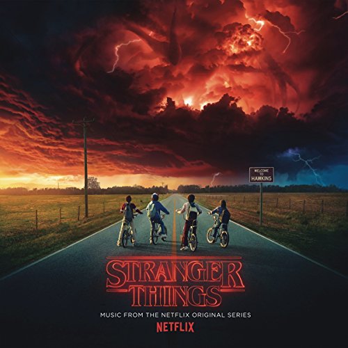 Stranger Things vinyl album cover with children on bicycles under a stormy sky.