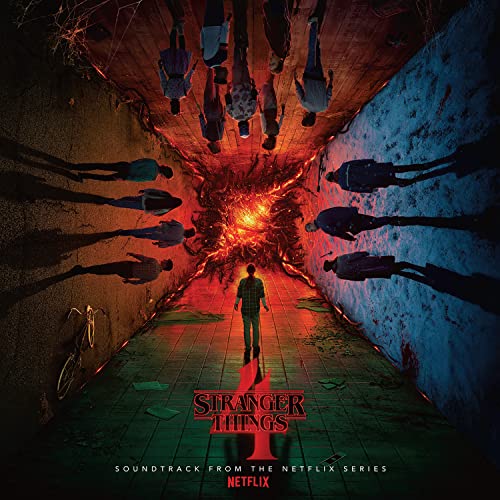 Stranger Things Season 4 soundtrack cover with characters surrounding a glowing portal in a tunnel.