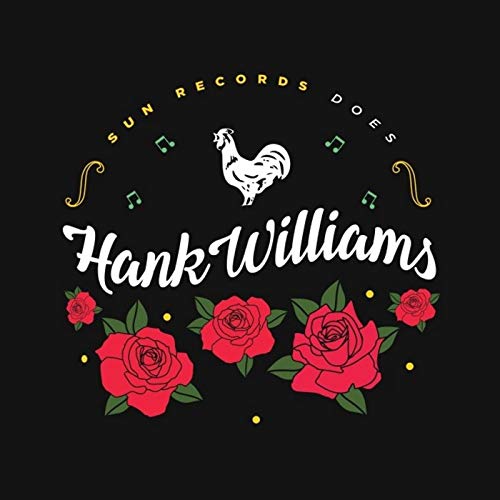 Album cover with a rooster, musical notes, and red roses on a black background.
