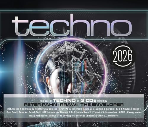 CD cover for “Techno 2026” featuring a face within a digital sphere.