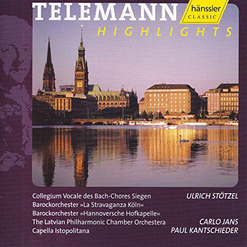 CD cover for Telemann Highlights, featuring a city skyline reflection.