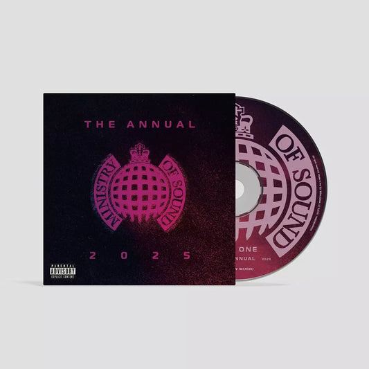 Ministry of Sound The Annual 2025 CD album cover and disc with purple gradient.