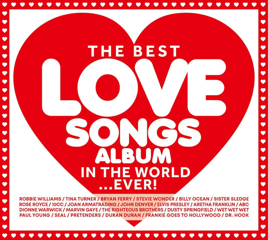 Red heart-shaped CD cover with white text: "The Best Love Songs Album...Ever!