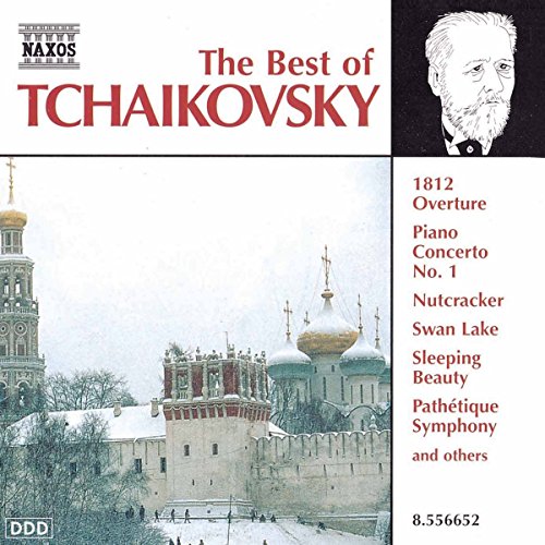 CD cover showing a snowy Russian monastery, Tchaikovsky's portrait, and a list of works.