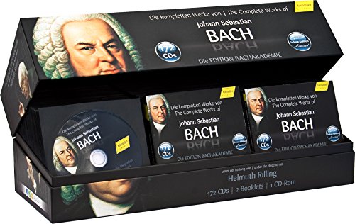 Black box set of 172 J.S. Bach CDs with portrait imagery.
