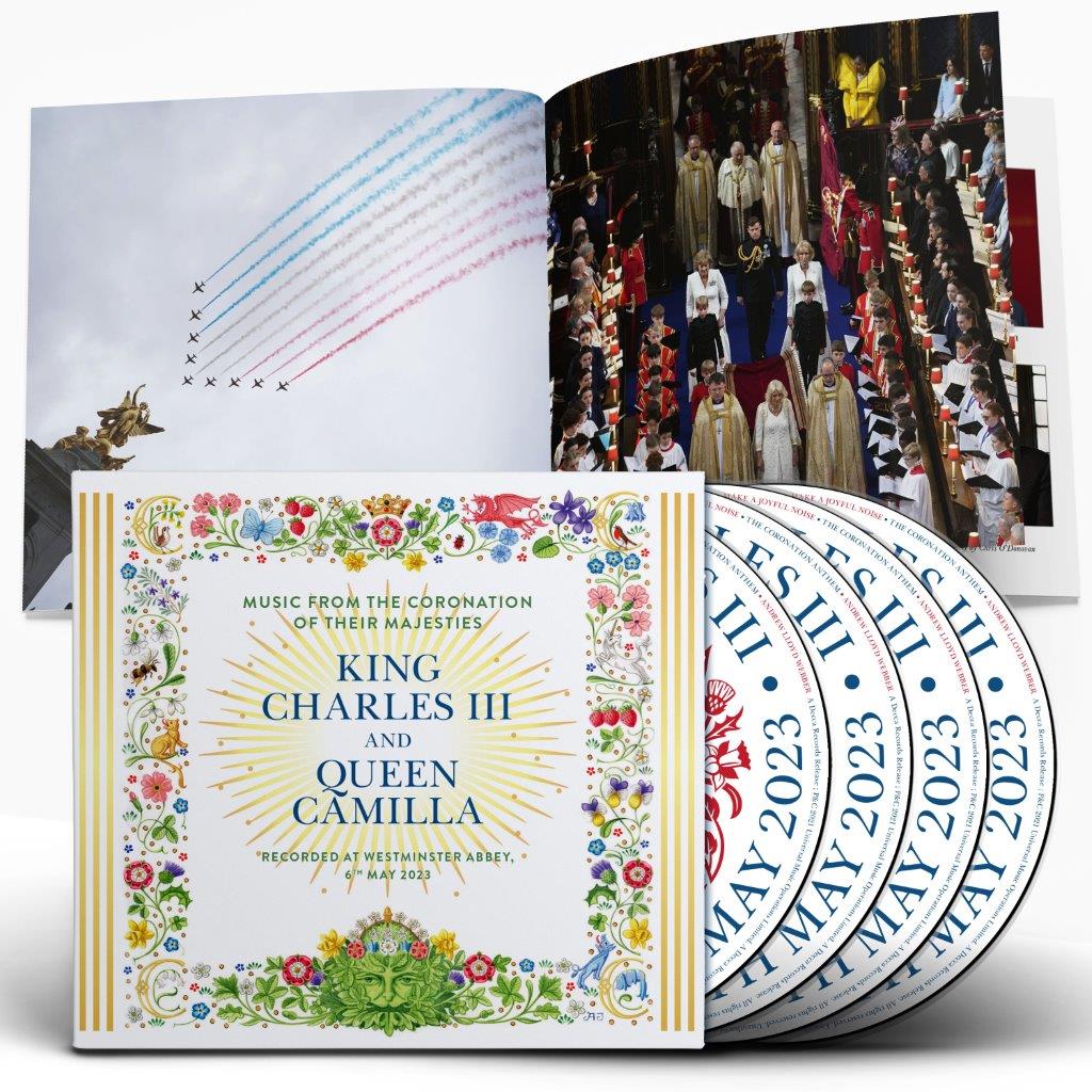 CD cover for "The Coronation of King Charles III" with floral designs.