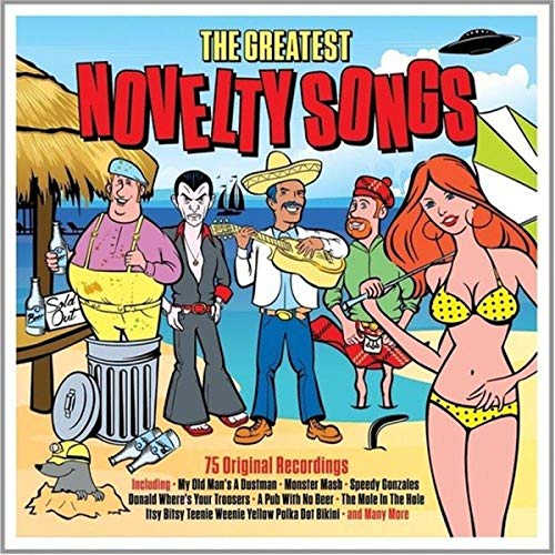 CD cover: cartoon characters on a beach advertise novelty songs.