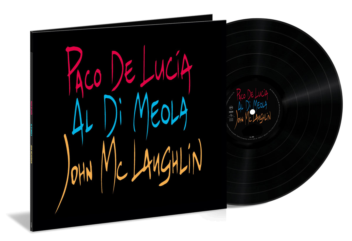 Vinyl record of "The Guitar Trio" by Paco De Lucía, Al Di Meola, and John McLaughlin.