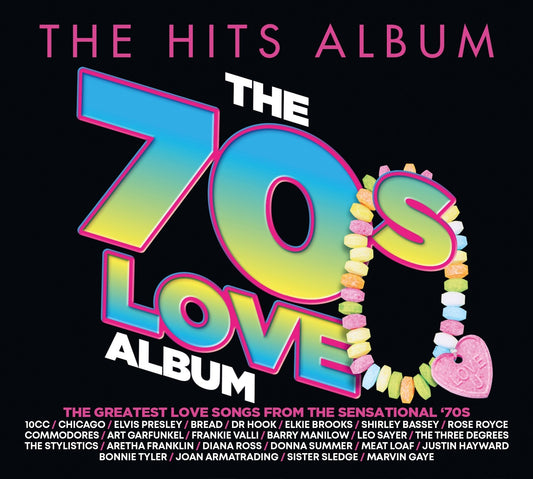 CD cover for “The Hits Album: 70s Love Album” with 70s imagery.