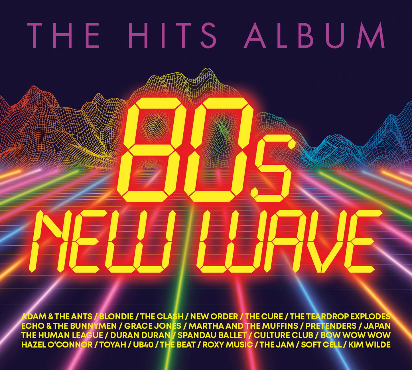 Colorful 80s new wave album cover with grid mountains and neon lights.