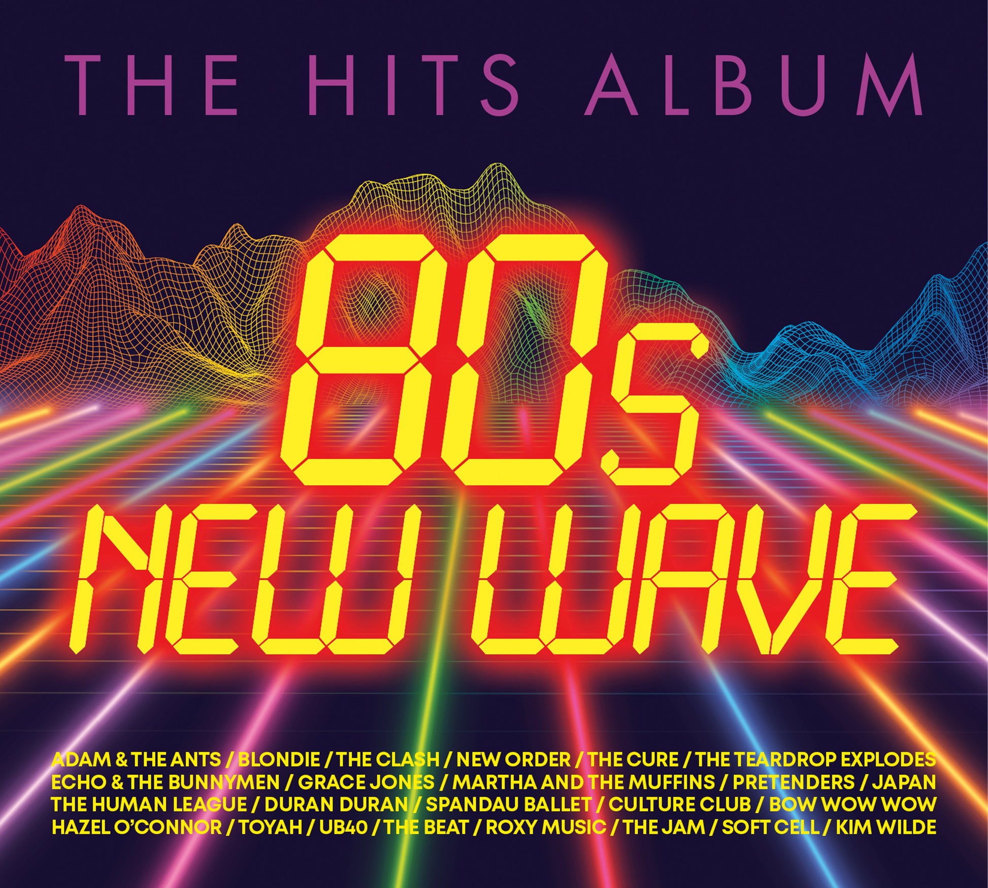Colorful 80s new wave album cover with grid mountains and neon lights.