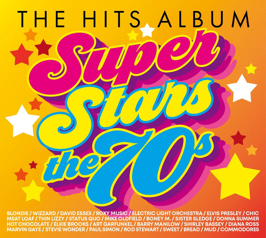 70s music compilation album cover with colorful text and star graphics.