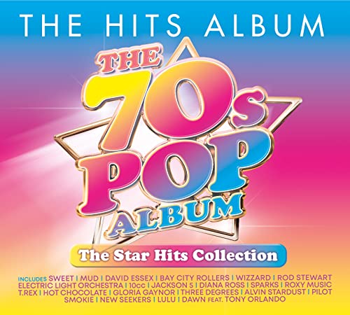 CD cover for “The Hits Album: The 70s Pop Album” with colorful text.
