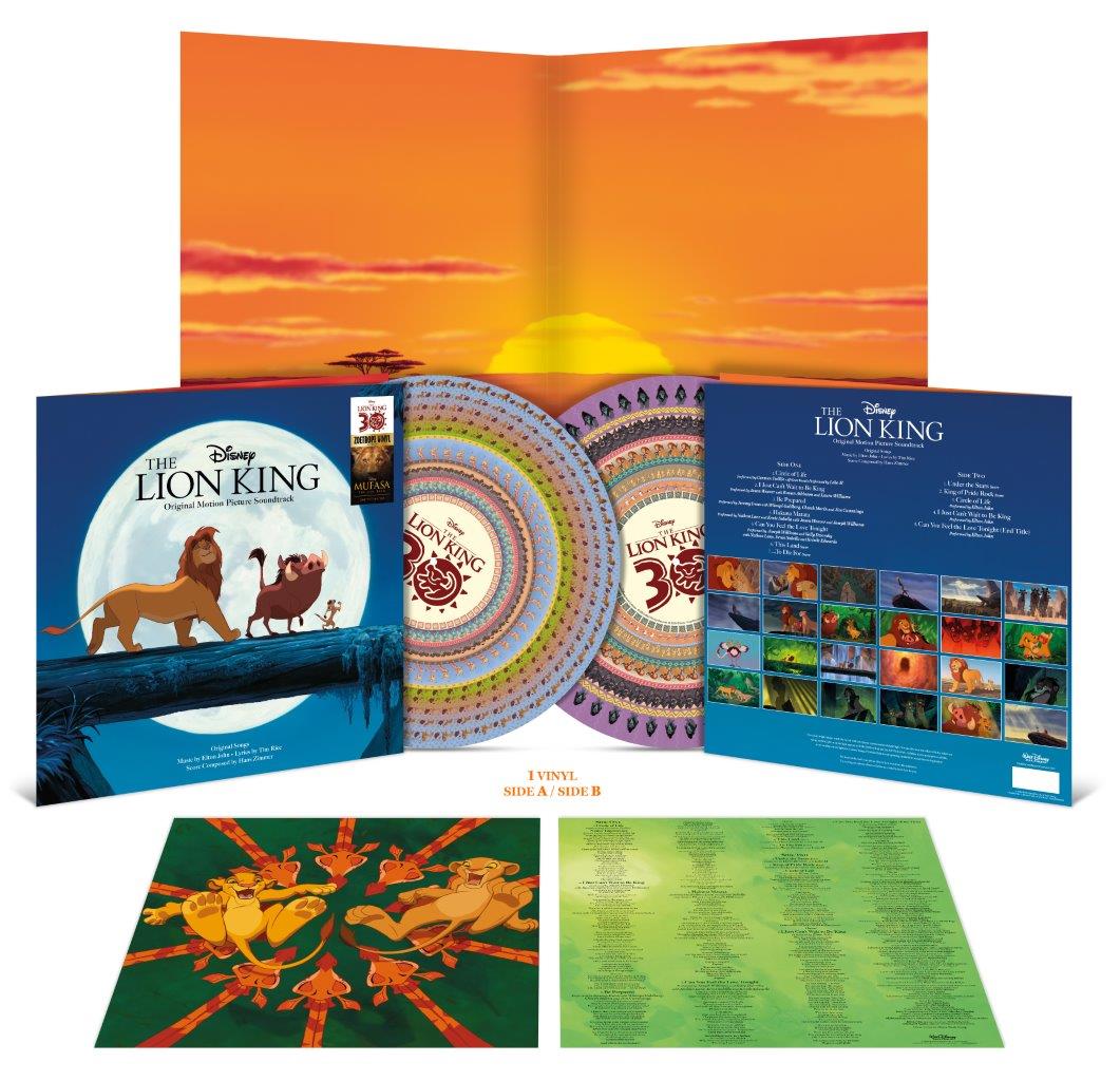 The Lion King zoetrope vinyl record, gatefold sleeve, and insert displayed on a white background.