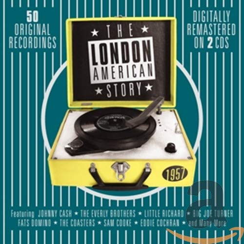 A yellow portable record player on a teal background with text reading 1957.
