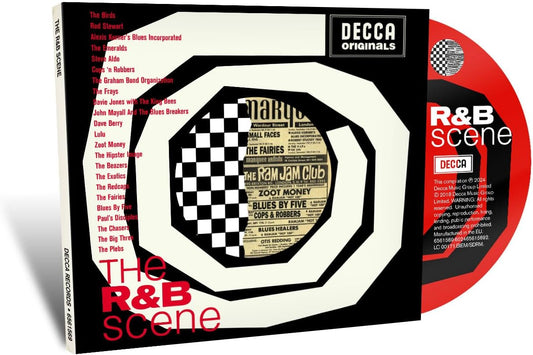 CD case for "The R&B Scene" with black and white spiral design.