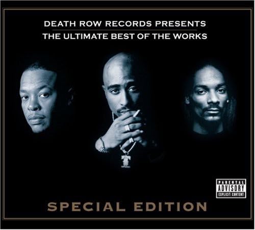 Album cover featuring portraits of Dr. Dre, Tupac Shakur, and Snoop Dogg on black.