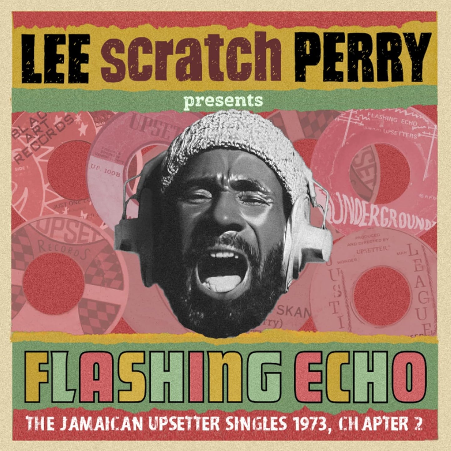 Album cover featuring Lee "Scratch" Perry surrounded by record labels.