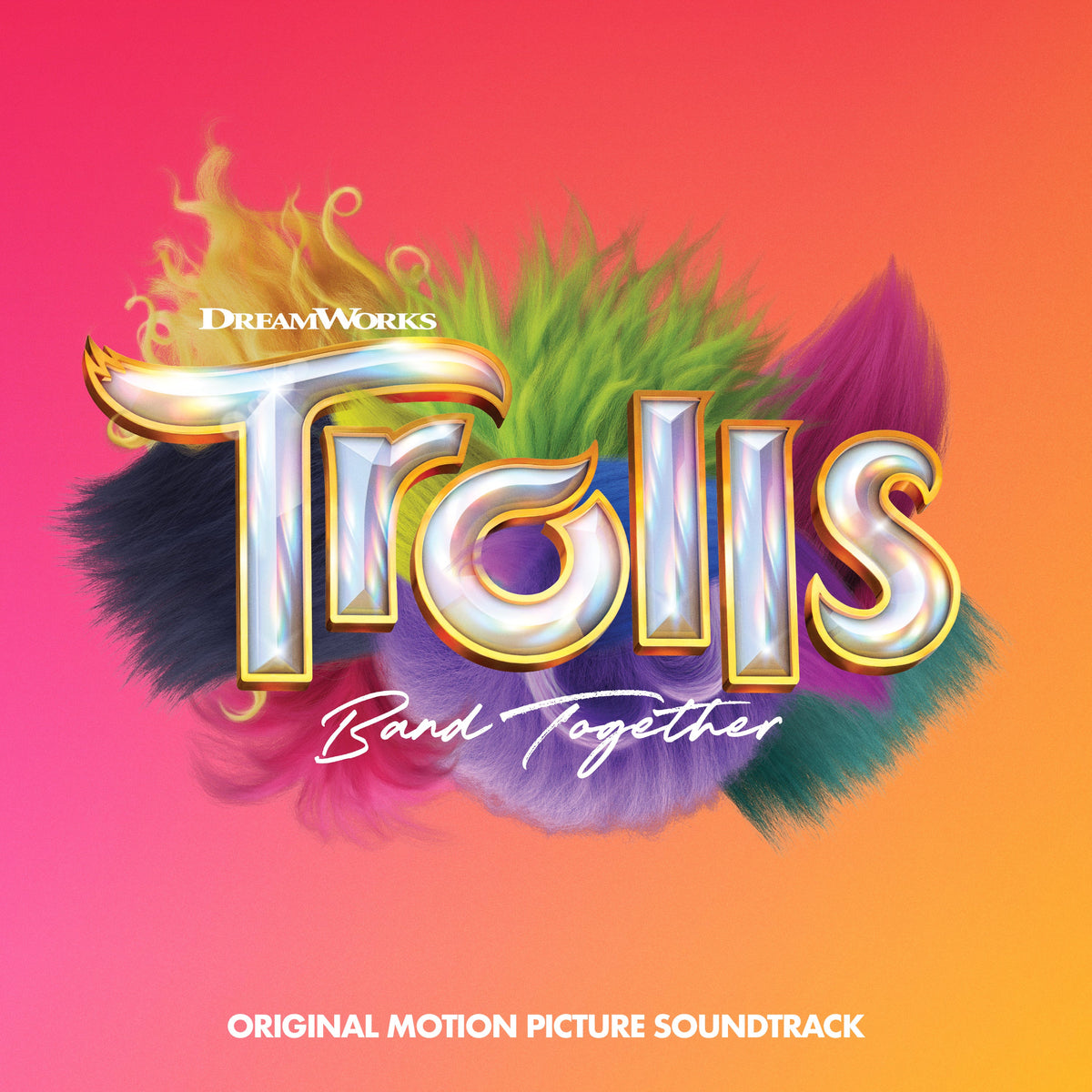 “Trolls Band Together” soundtrack cover with colorful hair and title text.