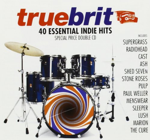 CD cover for “Truebrit” compilation with drum set and band names.