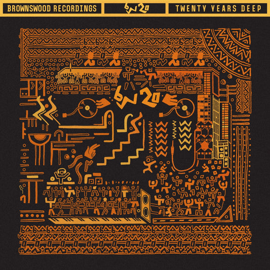 Orange tribal-style line art on a black background depicting people dancing and musical equipment.