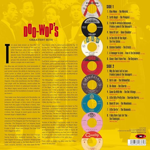 Yellow vinyl record of "Doo-Wop's Greatest Hits" with stacked 45s image.