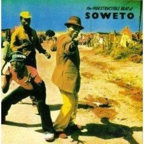 Album cover featuring three men dancing in front of a township.