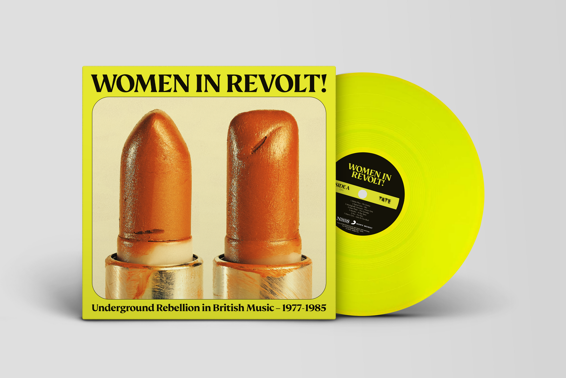 Vinyl record cover and bright yellow disc featuring two lipsticks on the album art.