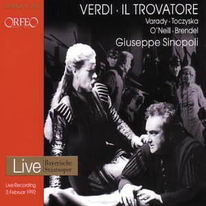CD cover for Verdi's Il Trovatore featuring a black and white opera scene.