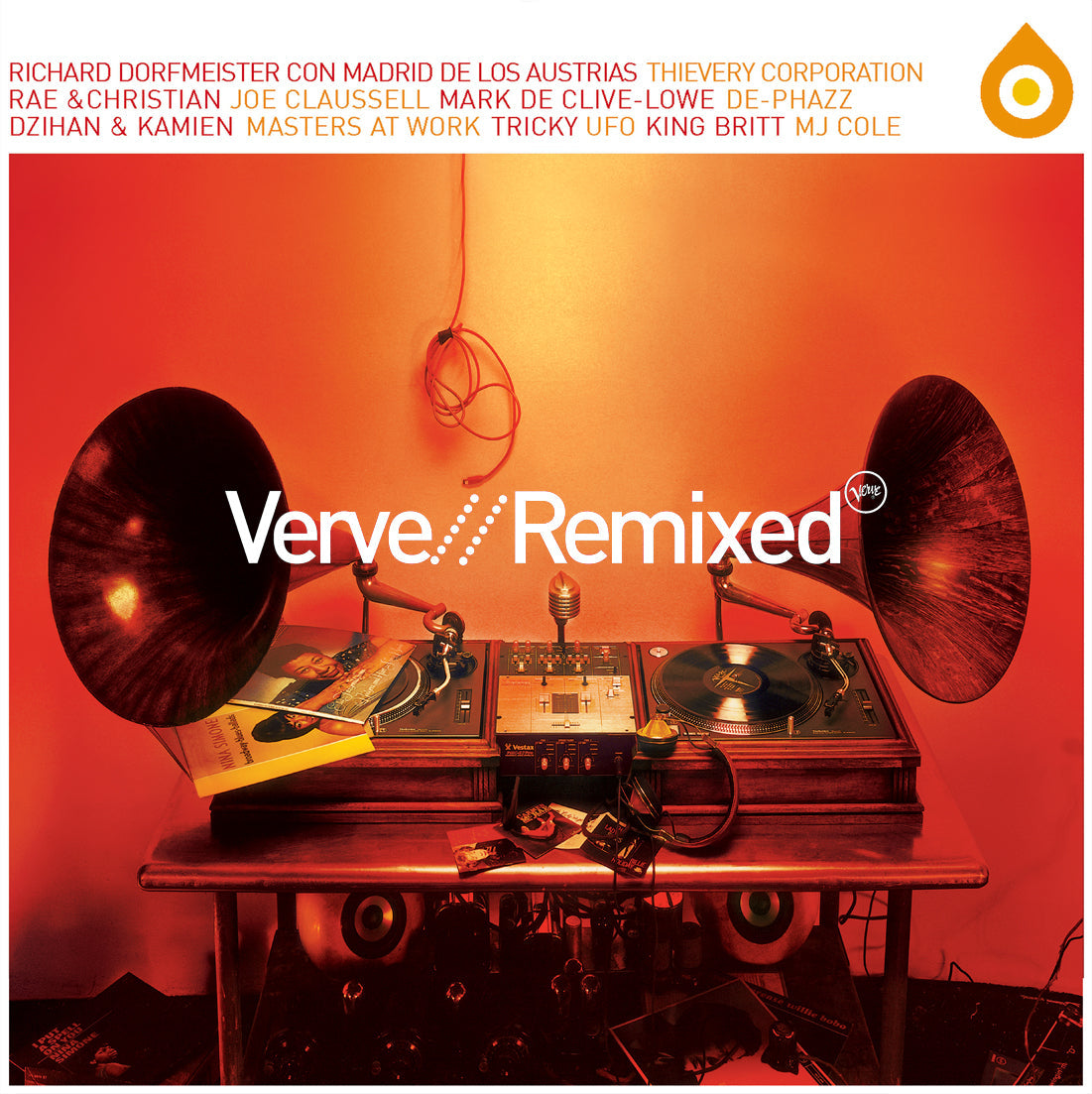 Vinyl record player setup with large horn speakers against a bright orange background.