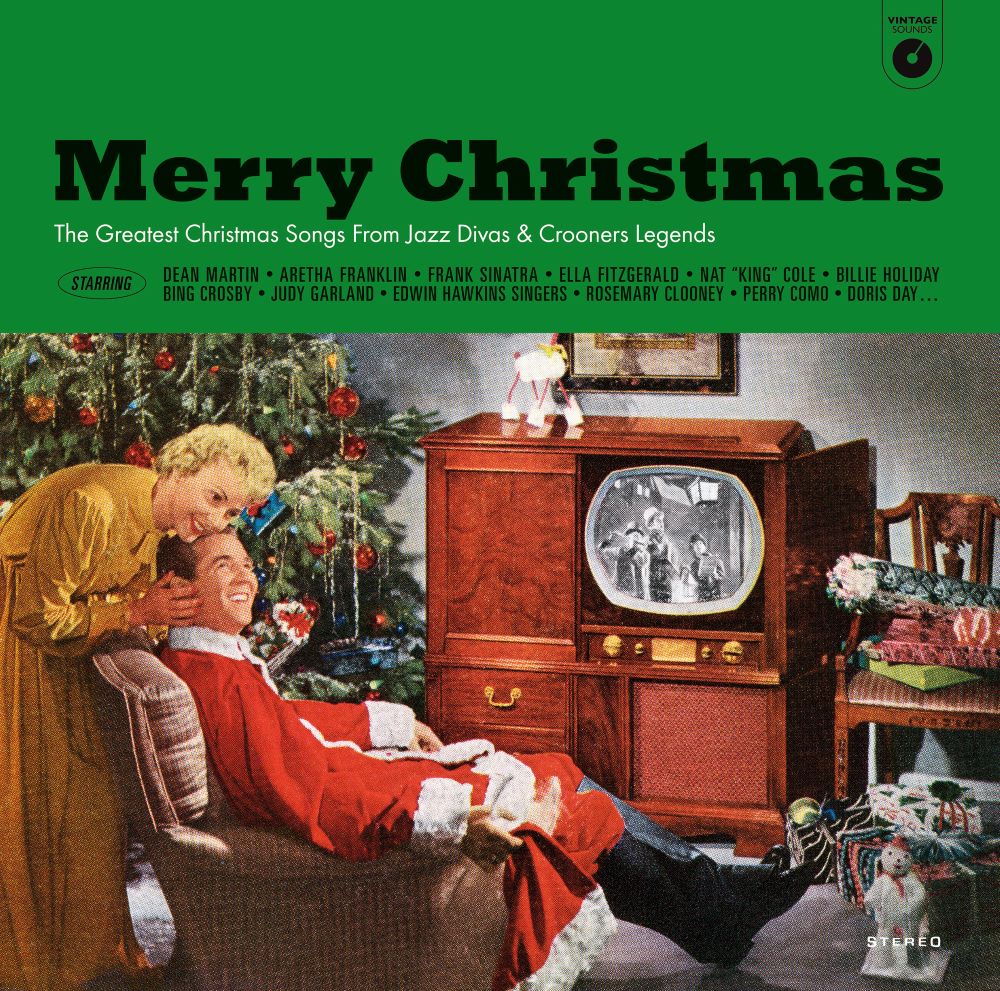 Vintage Christmas vinyl record cover with a family watching TV.