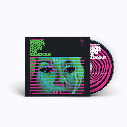 CD case with distorted face graphic and pink/blue geometric lines.