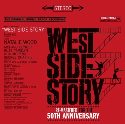 Red album cover for “West Side Story” 50th Anniversary CD, with cast names.