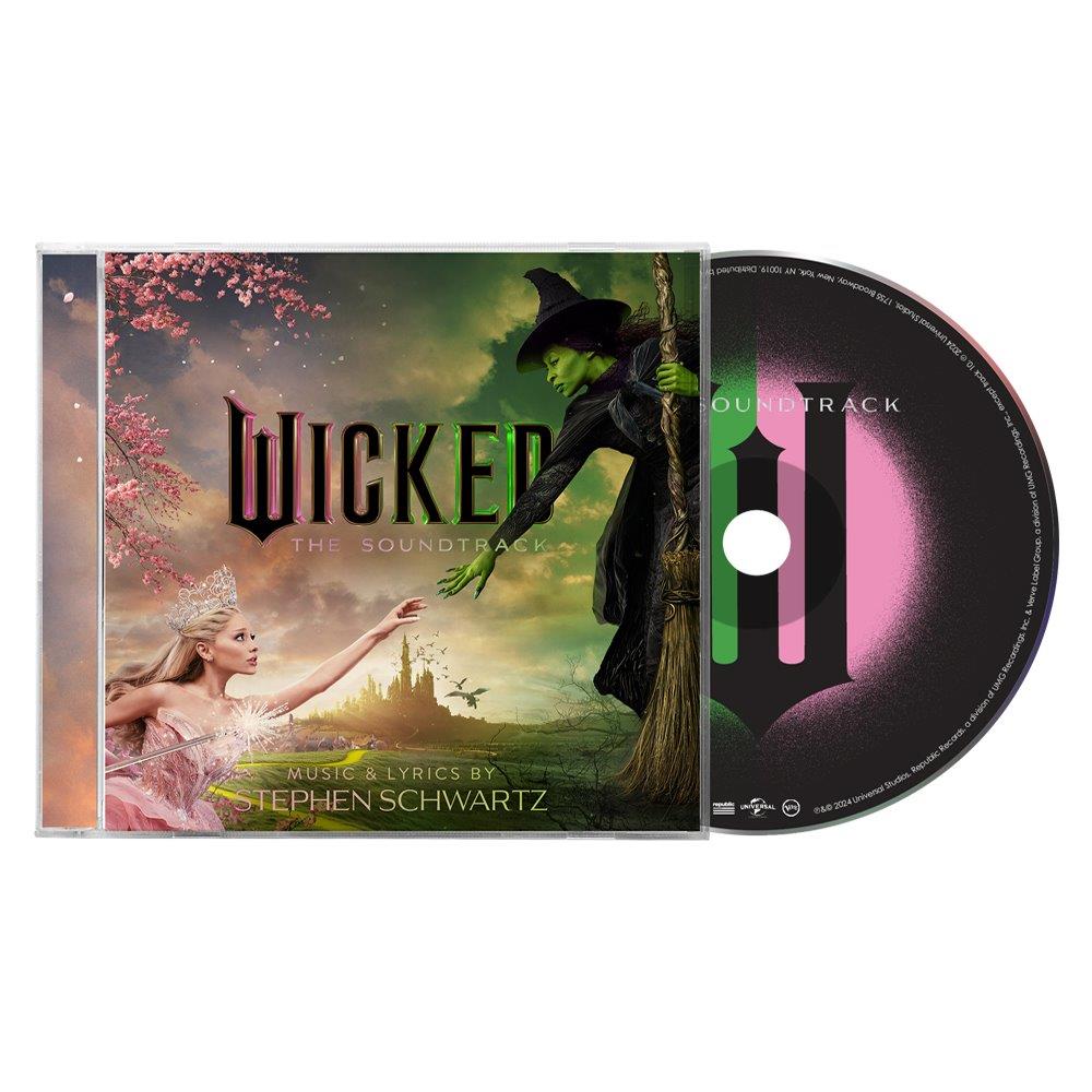 “Wicked” soundtrack CD case with characters Elphaba and Glinda, and a disc.