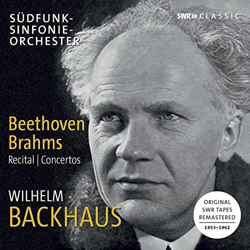 Black and white portrait of pianist Wilhelm Backhaus on a music album cover.