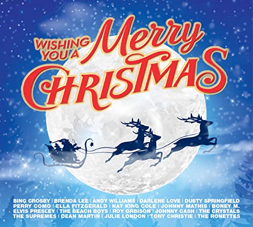 CD cover: Santa’s sleigh with reindeer flies across a full moon.