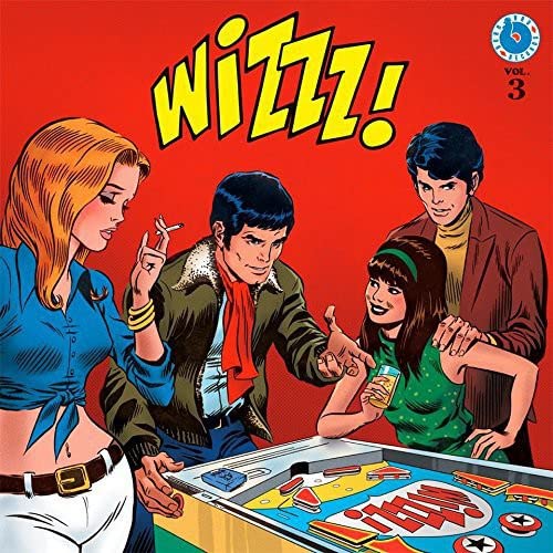 1960s-style comic illustration of people playing pinball, red background.