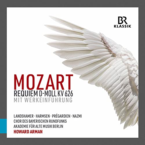 CD cover for Mozart’s Requiem, featuring a white feather and red text.