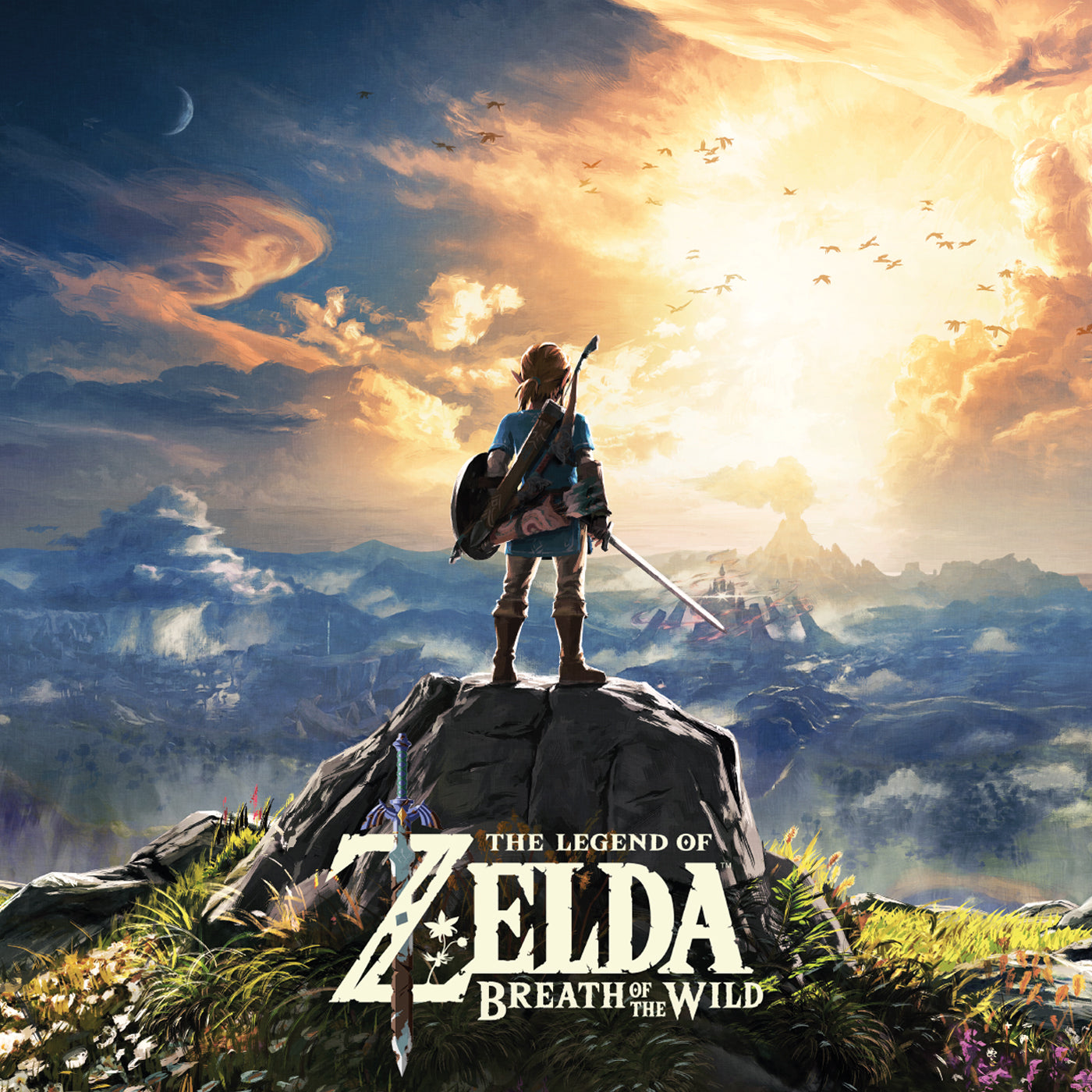 Link stands on a mountaintop overlooking a vast, colorful landscape.
