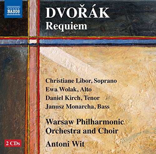 CD cover for Dvorak’s Requiem, featuring abstract art and text listing performers.