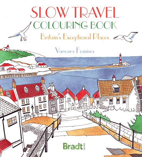 Colouring book cover depicting a coastal British town with red-roofed houses.