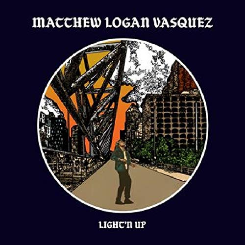 Album cover with a man standing on a bridge, dark blue background, circular cityscape graphic.