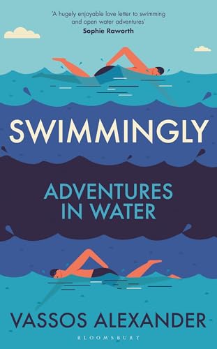 Book cover: “Swimmingly” with illustrations of people swimming in blue water.