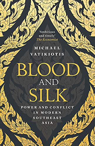 Book cover: “Blood and Silk” with gold floral designs on a dark background.